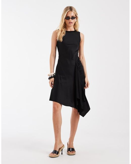& Other Stories Black Sleeveless Satin Dress With Asymetric Hem