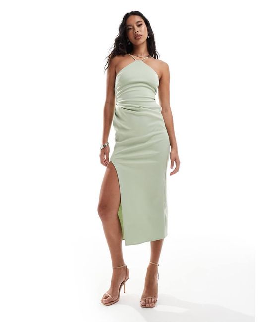 Vestito Midi Allacciato Al Collo Salvia Con Gonna Avvolgente di ASOS in Green