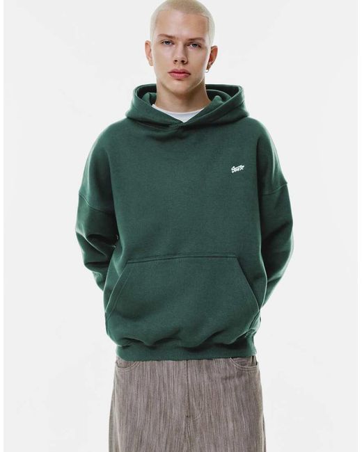 Pull&Bear Green Stwd Embroidered Logo Hoodie for men