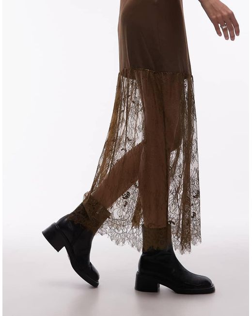 ASOS Natural V Neck Satin Slip Maxi Dress With Lace Skirt