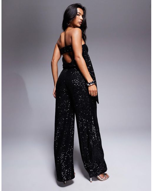 ASOS Black Sequin Bandeau Wide Leg Jumpsuit With Draped Back Detailing