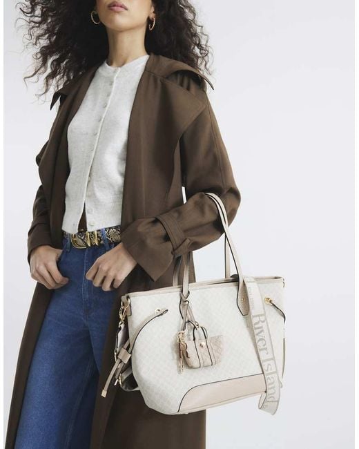 River Island Natural Monogram Side Tie Charm Shopper Bag