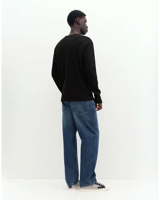 Pull&Bear Black Henley Waffle-knit Long Sleeve T-shirt for men