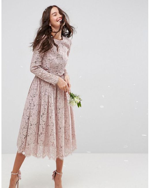 ASOS Natural Lace Long Sleeve Midi Prom Dress