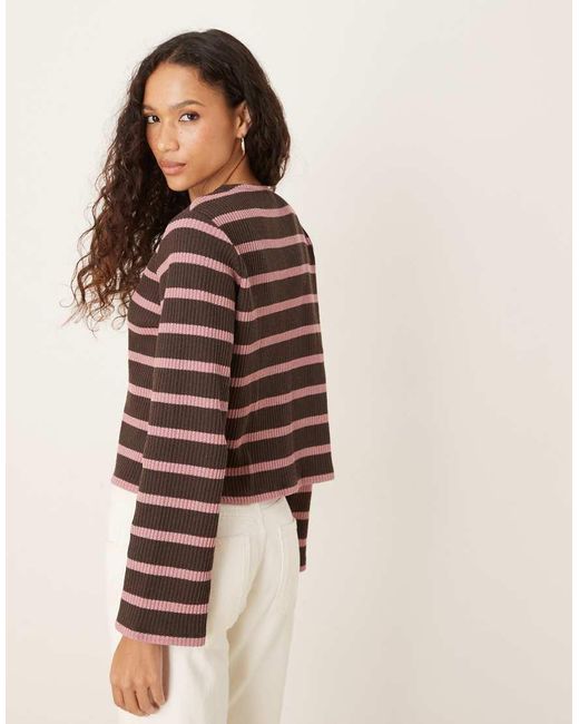 ASOS Brown Cut And Sew Stripe Button Through Long Sleeve Top