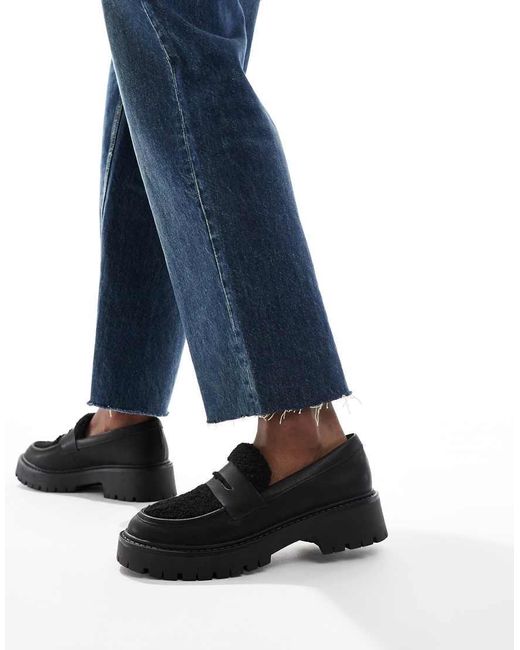 London Rebel Blue Olivia Contrast Teddy Fur Chunky Loafers