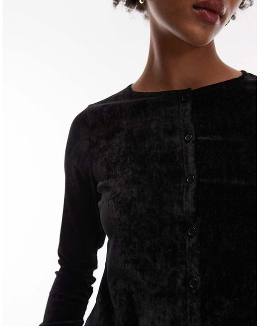 ASOS Black Textured Velvet Long Sleeve Button Through Top