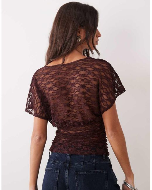 Miss Selfridge Blue Lace V-Neck Top With Gathered Waist