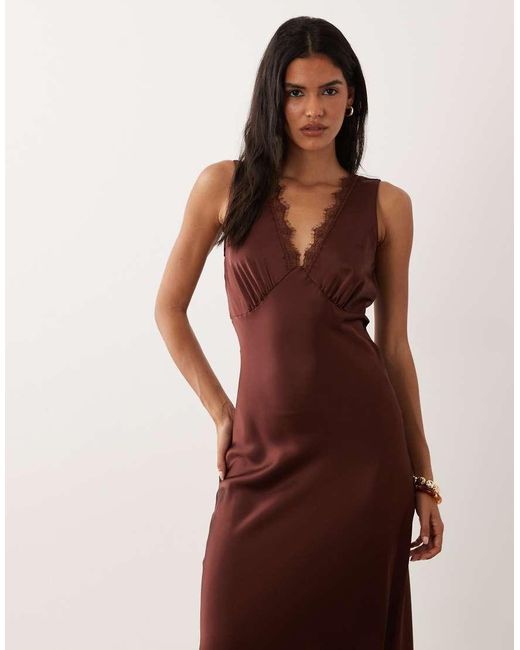 New Look Brown Lace Trim Satin Midi Dress
