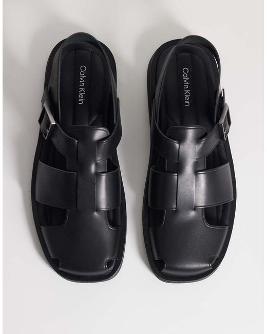 Calvin Klein Black Real Leather Fisherman Sandals for men