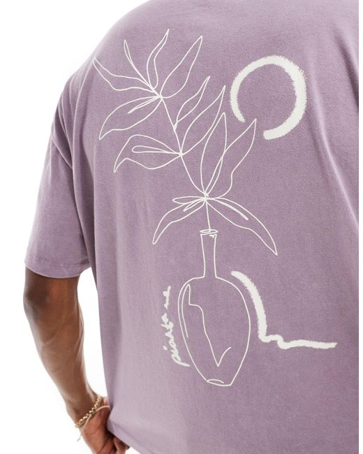 T-shirt oversize en tissu épais avec imprimé plante abstrait - délavé ASOS en coloris Purple