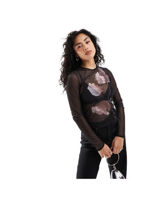 & Other Stories Black Mesh Long Sleeve Top