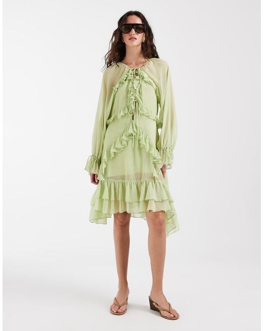 Muse Assembly Green Boho Crinkle Chiffon Ruffle Midi Dress