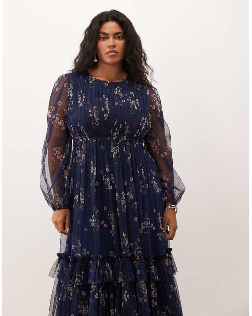 Lace & Beads Plus Blue Tulle Sheer Balloon Sleeve Tie Waist Tiered Maxi Dress