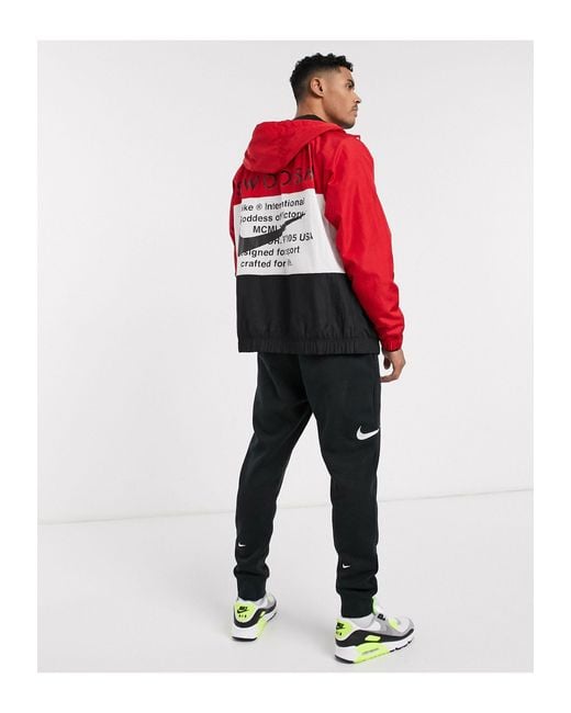Nike Swoosh Colourblock Zip through Woven Hooded Jacket in Red for