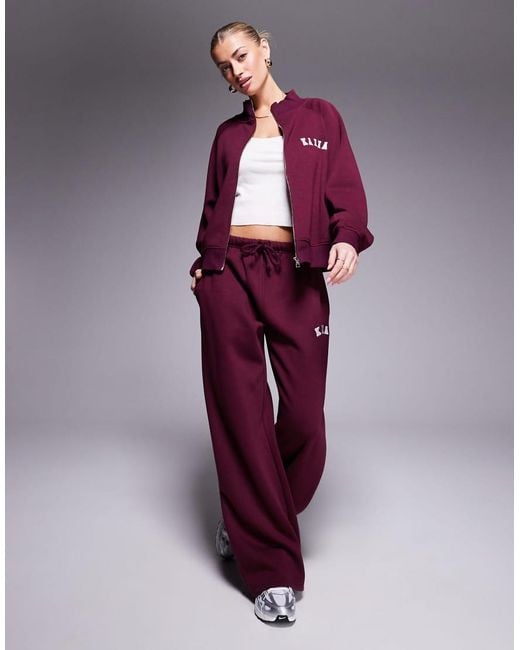 Kaiia Purple Oversized Bomber Zip Through Contrast Logo Sweat Jacket Co-ord