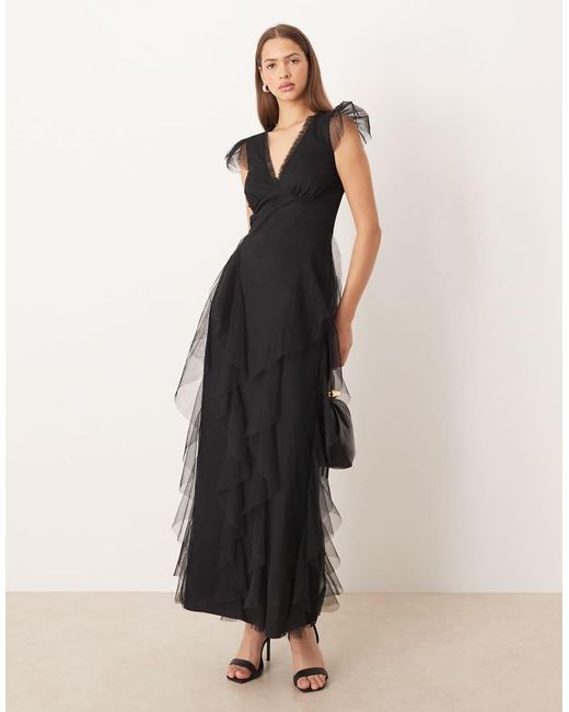 LACE & BEADS Natural Sheer Cap Sleeve Ruffle Maxi Dress