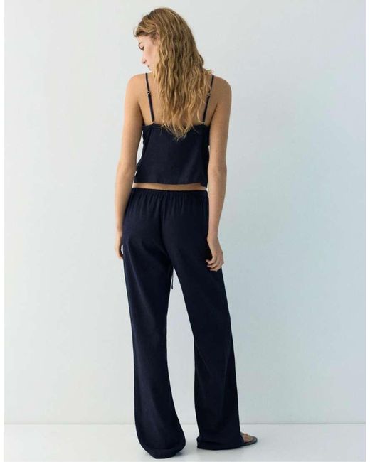 Pull&Bear Blue Flowing Viscose Linen Blend Trousers