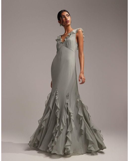ASOS Gray Bridesmaids Flutter Sleeve Bias Maxi Dress With Godet Frill Hem