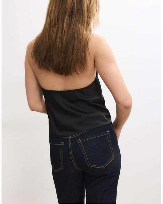 Stradivarius Black Satin Effect Halter Top