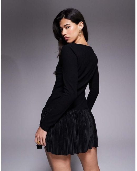 ASOS Black Supersoft Long Sleeve Slash Neck Plisse Hem Mini Dress