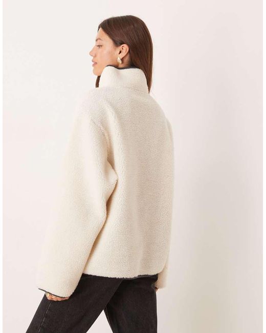 ASOS Natural Borg Half Zip Fleece With Placement Mountain Print