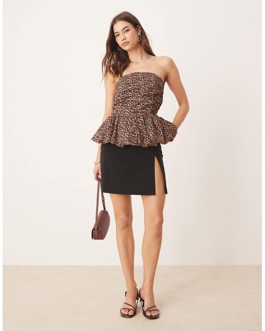 Glamorous Brown Ruched Strapless Puffball Hem Top