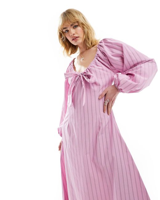 Glamorous Pink Tie Front Volume Sleeve Maxi Smock Dress