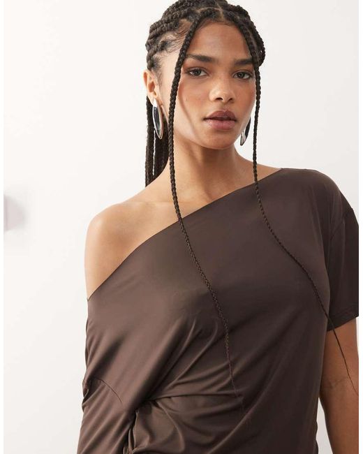 Lioness Brown Wildlands Slinky Slash Neck Off Shoulder Top