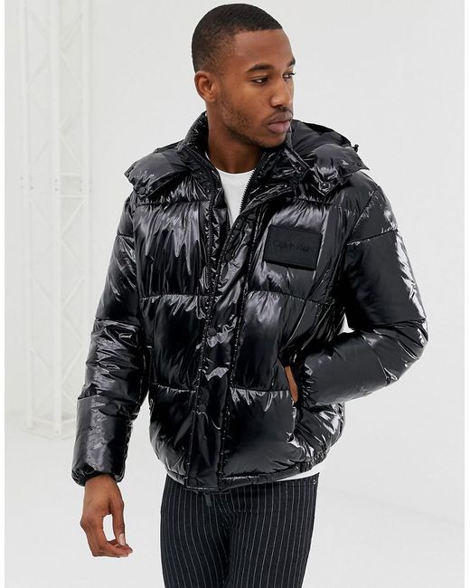 Calvin Klein Denim Shiny Detachable Hood Puffer Jacket in Black for Men ...
