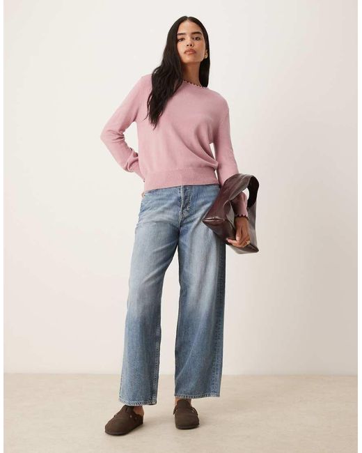 Threadbare Pink Crew Neck Sweater With Contrast Blanket Stitching