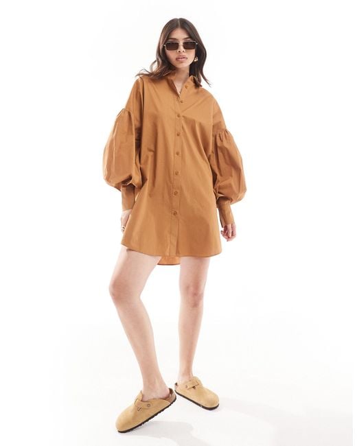 ASOS Brown Ultimate Boyfriend Mini Shirt Dress With Volume Sleeve