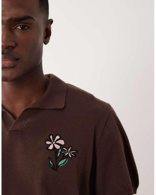 ASOS Brown Oversized Knitted Short Sleeve Notch Neck Polo With Flower Embroidery for men