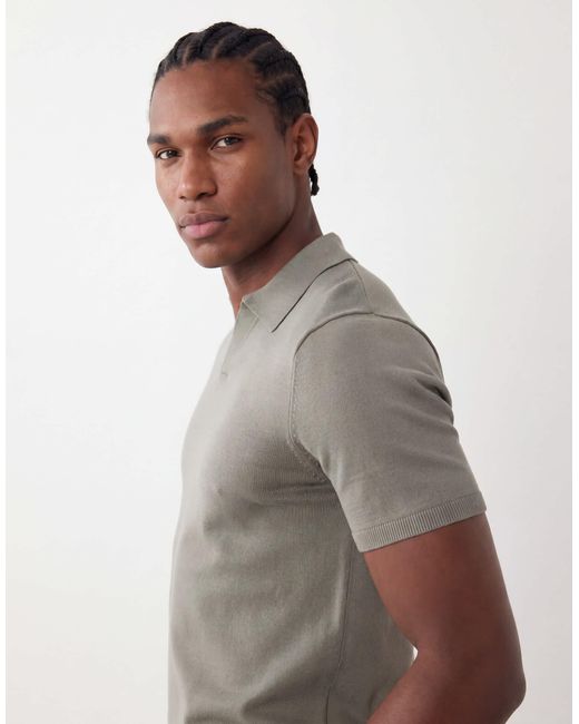 SELECTED Gray Knit Split Neck Polo for men