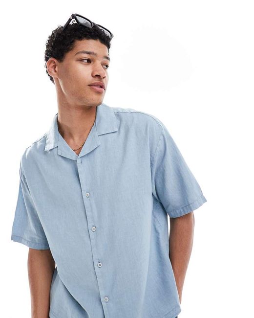 Pull&Bear Blue Linen Rich Revere Neck Shirt for men
