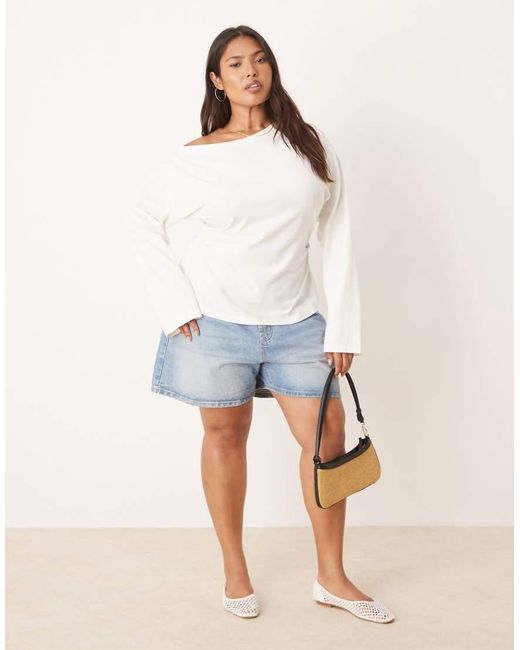 ASOS White Asos Design Curve Long Sleeve Off-shoulder Corset Waist Tee