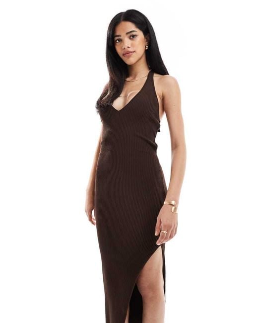 Bershka Brown Halterneck Knitted Bodycon Midi Dress