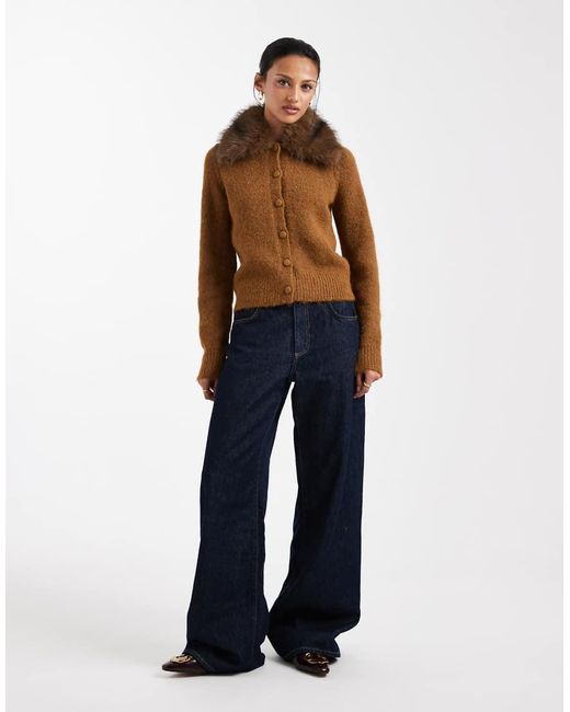New Look Blue Faux Fur Collar Cardigan