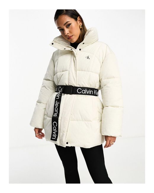 Calvin Klein White Belted Long Puffer Jacket