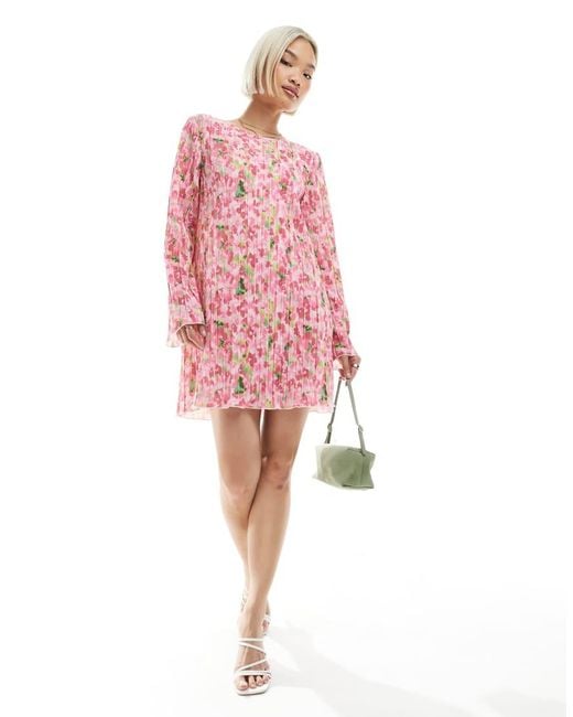 Pieces Pink Plisse Long Sleeve Mini Dress