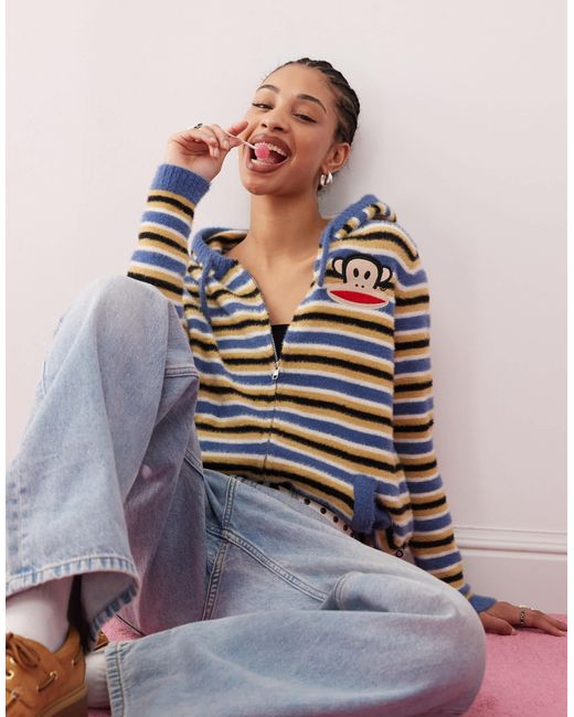 Daisy Street Multicolor X Paul Frank Striped Fluffy Zip Through Knitted Top-multi