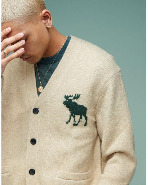 Abercrombie & Fitch White Intarsia Icon Logo Knit Cardigan for men