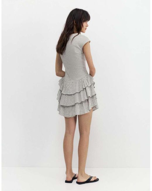 Pull&Bear White Short Checked Dress With Ruffled Hem