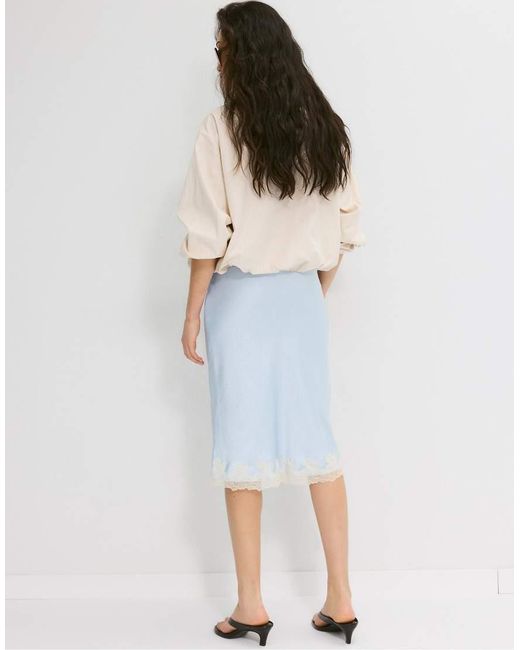 Stradivarius Blue Satin Skirt With Contrast Lace