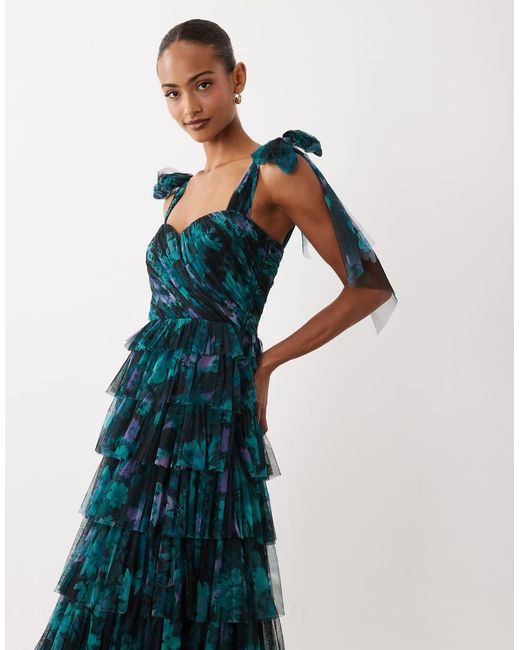 LACE & BEADS Blue Bridesmaid Bow Shoulders Tulle Maxi Dress