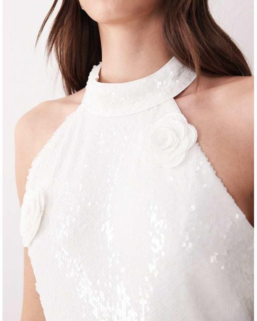 Y.A.S White Halter Neck Sequin Mini Dress With 3d Floral Applique