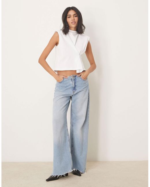 ASOS White Cinched Sleeveless Top With Grown On Neck And Shoulder Pads