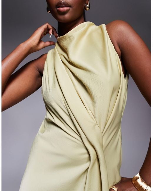 ASOS Natural High Neck Drape Maxi Satin Dress With Tucked Detail