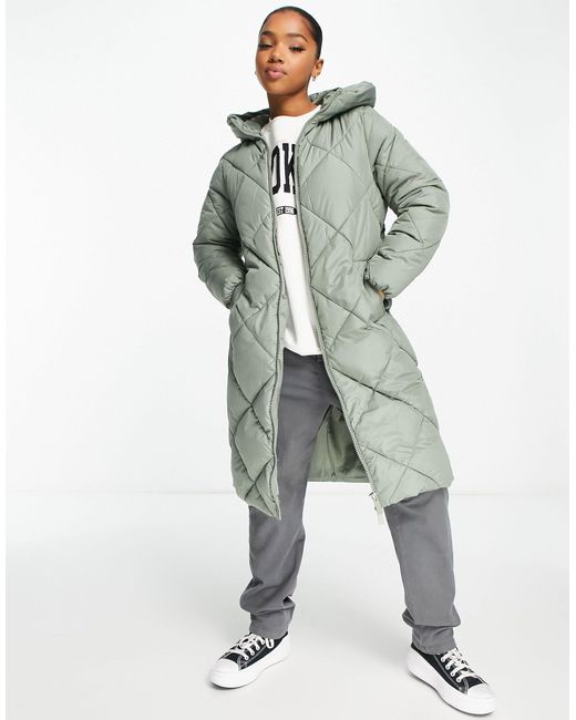 New Look Longline Diamond Quilted Padded Coat in Green Lyst
