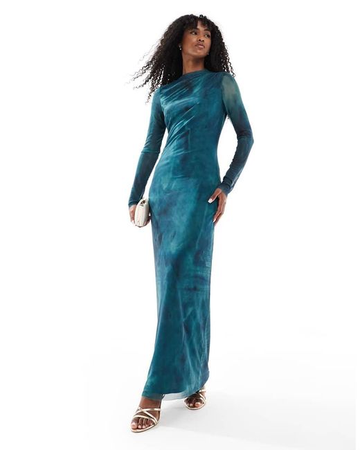 Vestido Largo Cerceta Y Verde De Manga Larga Con Estampado Marmoleado Y Diseño Con Caída De Malla De Vero Moda de color Blue